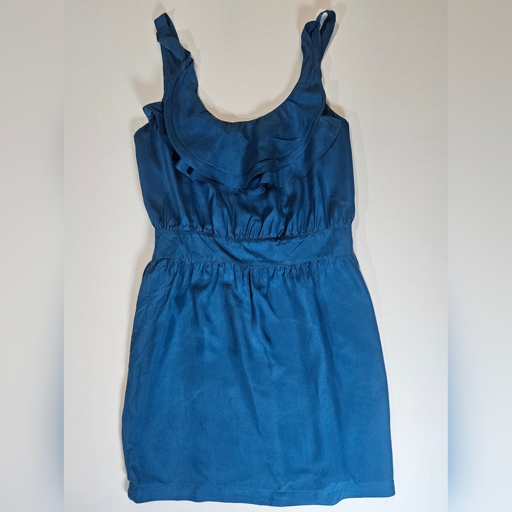 Ann Taylor Silk Mini Dress Womens 0‎ Teal Blue Ruffle Front Boho Summer Party